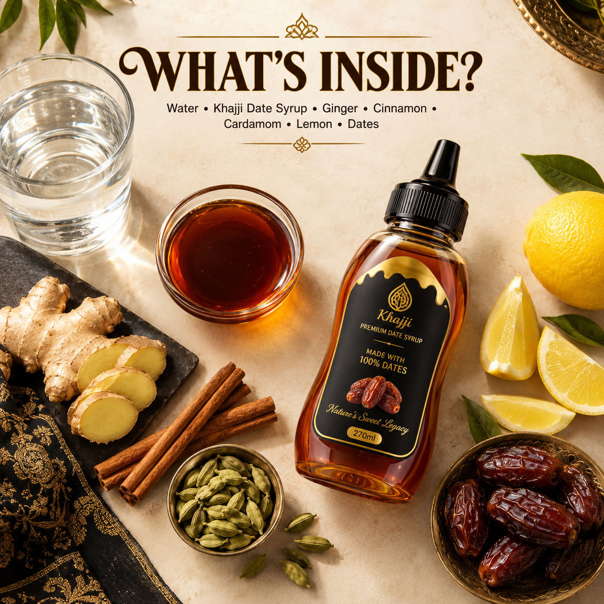 ingredients for Khajji Date, Ginger & Cinnamon Drink including date syrup, ginger, cinnamon, cardamom and lemon.