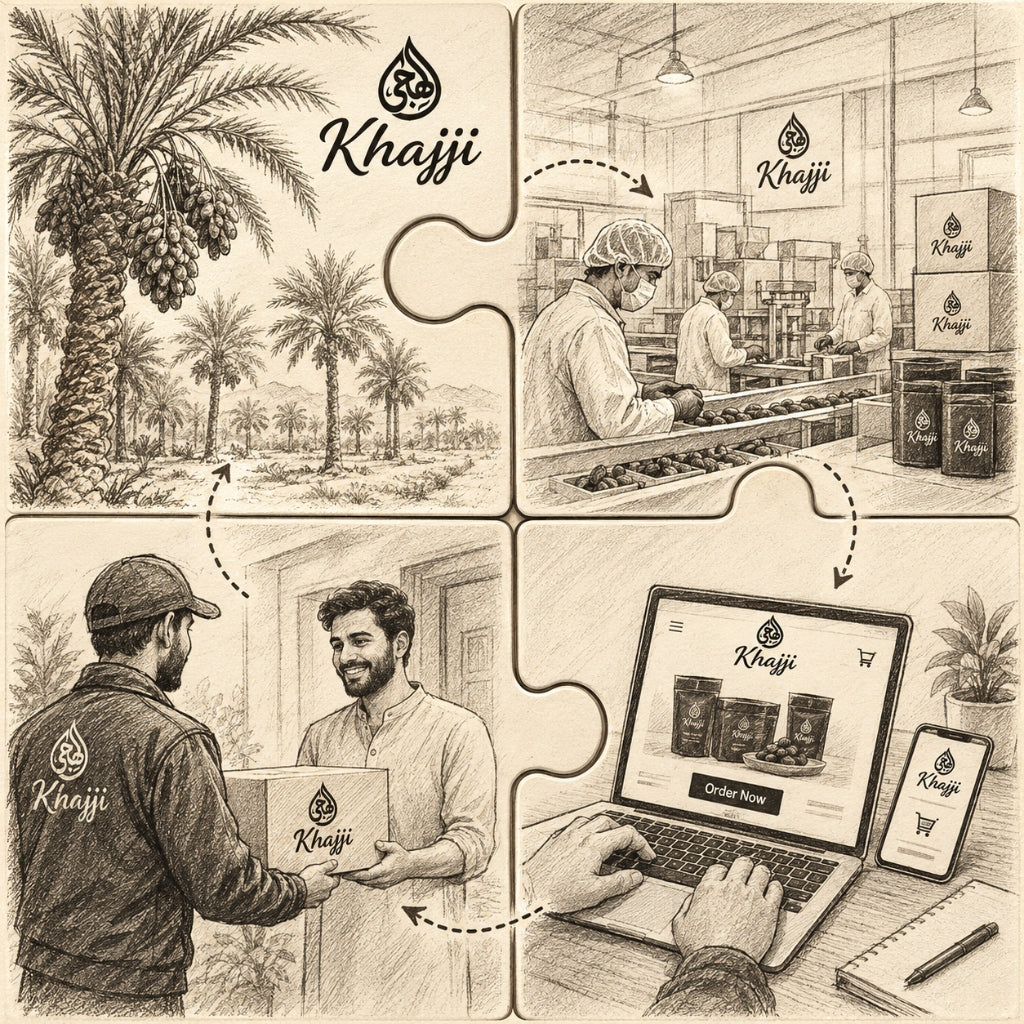 Khajji Circle - 4 Interlocking Puzzle Pieces: Orchards, Processing, Online Ordering, and Customer Delivery