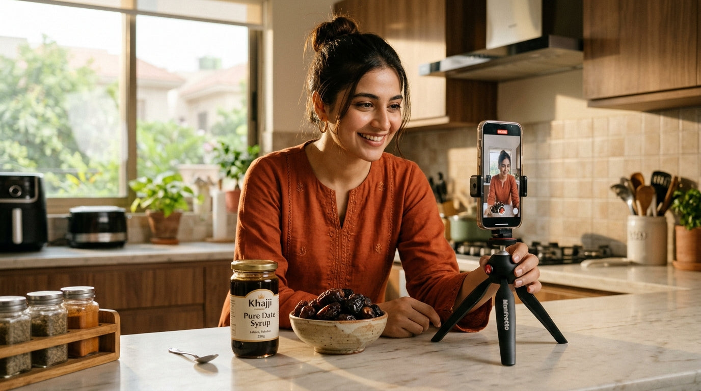 Pakistani Content Creator filming Khajji Date Syrup recipe in home kitchen