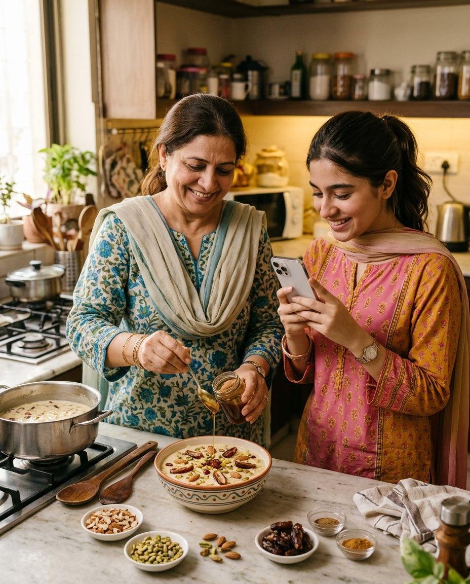 Pakistani mother and daughter cooking sheer khurma with Khajji Date Syrup while filming on phone