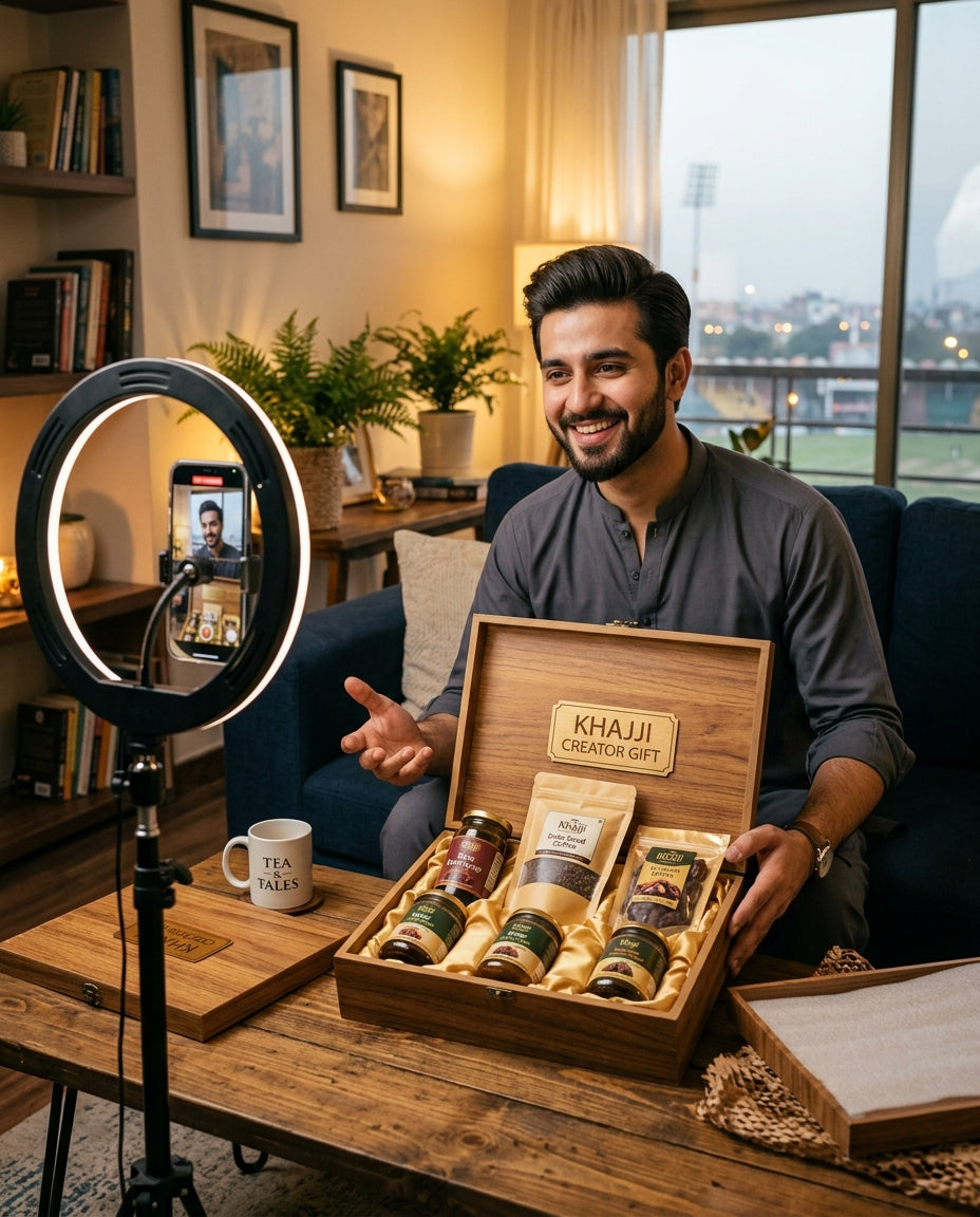 Pakistani male creator unboxing Khajji Creator Gift wooden hamper with ring light